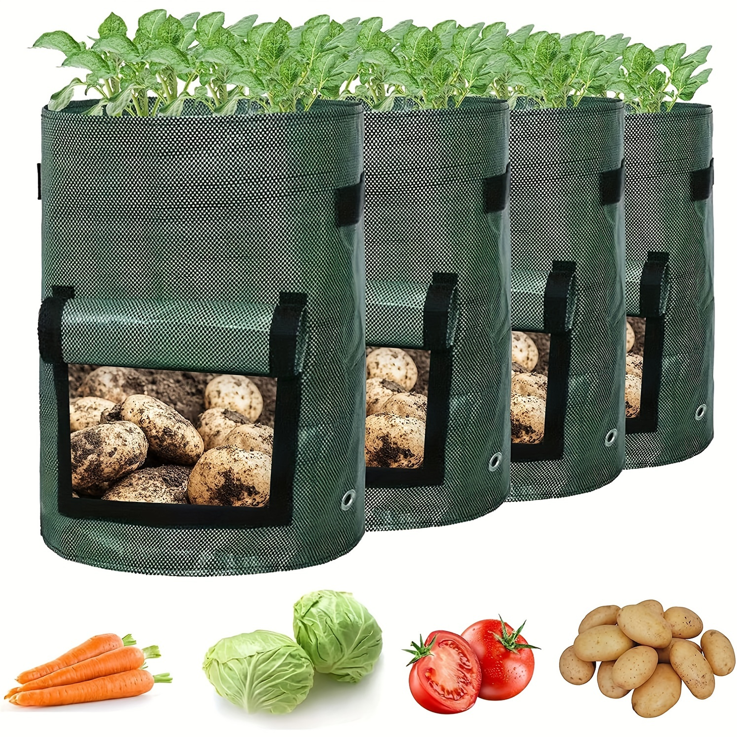 Four Green 7-Gallon-Labeled Potato Grow Bags with Side Harvest Flaps and Carry Handles for Container Planting