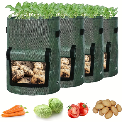 Four Green 7-Gallon-Labeled Potato Grow Bags with Side Harvest Flaps and Carry Handles for Container Planting
