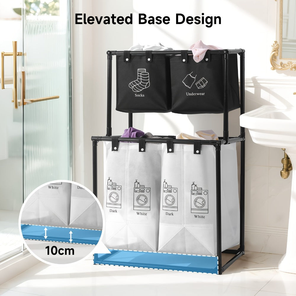 Laundry Sorter 2 Compartment Hamper – 2-Tier Metal Frame Laundry Hamper with Handles, Breathable Mesh Bags & Cable Ties
