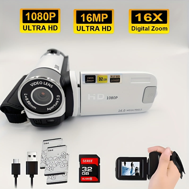 Digital Camera with Flip Screen, Camcorder with 1080P Video, 16MP Capture Marking, 16X Digital Zoom, 270° Flip Screen and 32GB Card