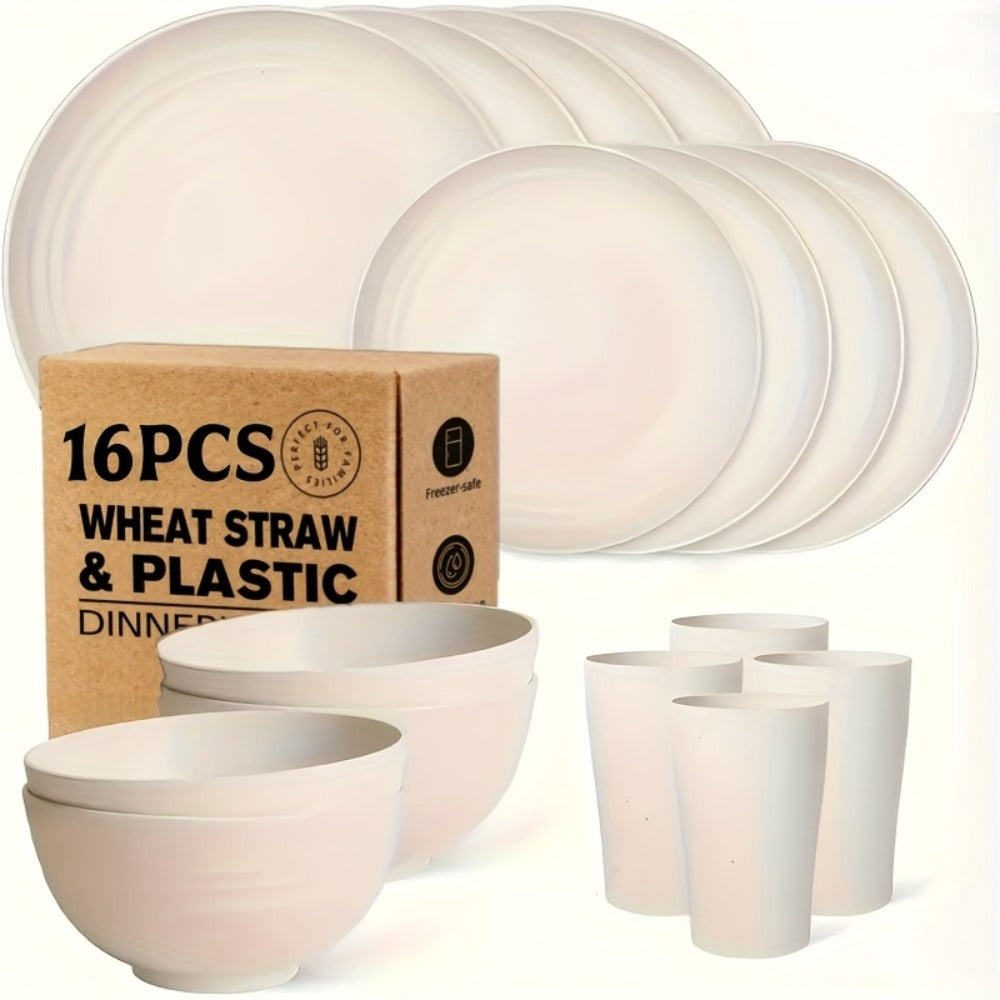 Wheat Straw Dinnerware Set 16 or 32 Piece – Plates & Bowls for 4 or 8 People, Microwave & Dishwasher Safe Plastic Dish Set