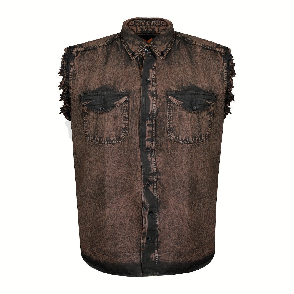 Men's Sleeveless Shirt – Fringe Hem Crew Neck Tank Top, Stonewash Cotton, Regular Fit for Streetwear, Beach & Vacation, Sizes M–XXXXL