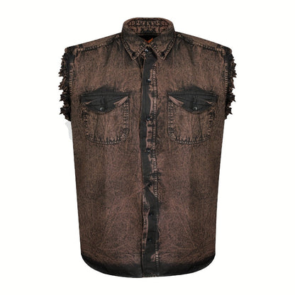 Men's Sleeveless Shirt – Fringe Hem Crew Neck Tank Top, Stonewash Cotton, Regular Fit for Streetwear, Beach & Vacation, Sizes M–XXXXL