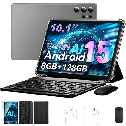 2-in-1 Tablet Android 15, 10.1 Inch Tablet with Keyboard Case Stylus, 8GB RAM 128GB ROM, 8000mAh Battery