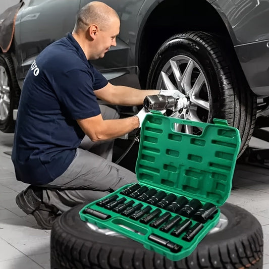 Half-Inch Drive Deep Metric Socket Set with 10- or 20-Piece Checkout Options and Green Carry Case