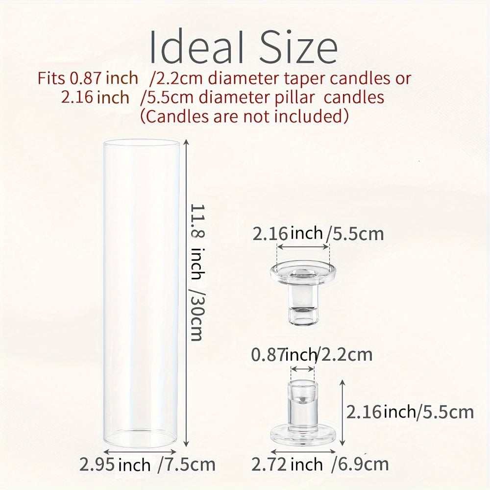 Hurricane Glass Candle Holders for Taper Candles, 11.8 Inch Tall Clear Cylinder Windproof Candlestick Stand for Wedding