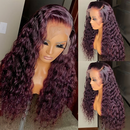 Lace Front Wig 99J Burgundy Deep Wave, 32-Inch Style with 200% Density, 13x4 Front and Four-Comb Cap