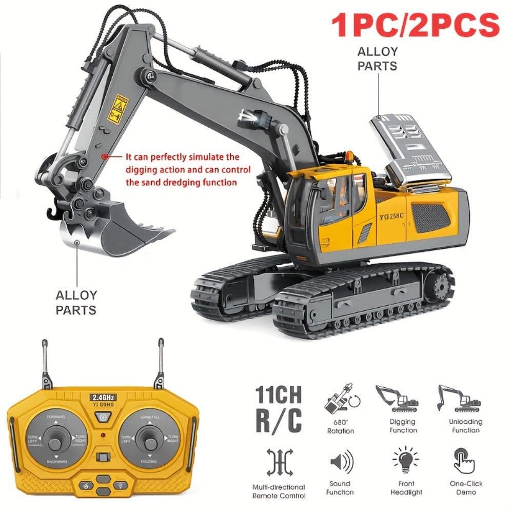 RC Construction Truck Toy 1:24 Scale Alloy Bulldozer Dump Truck & Excavator, 11-Channel Remote Control with Forward