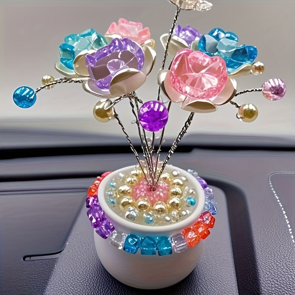 Crystal Flower Car Decoration Handmade DIY Simulation Crystal Flowers for Car Center Console Dashboard Home Decor Holiday Party Birthday