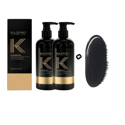 Curl Defining Cream and Detangling Brush Set by KALISPRO with One or Two 300ml Pump Bottles