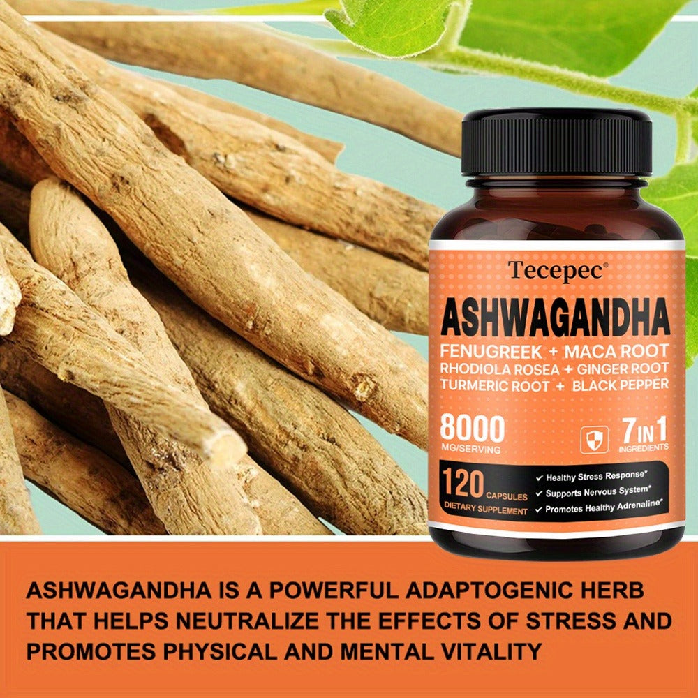 Ashwagandha Capsules 7-in-1 Adaptogen Blend 120ct with Maca Root Rhodiola Rosea Ginseng for Bath Time, Home Spa and Personal Care
