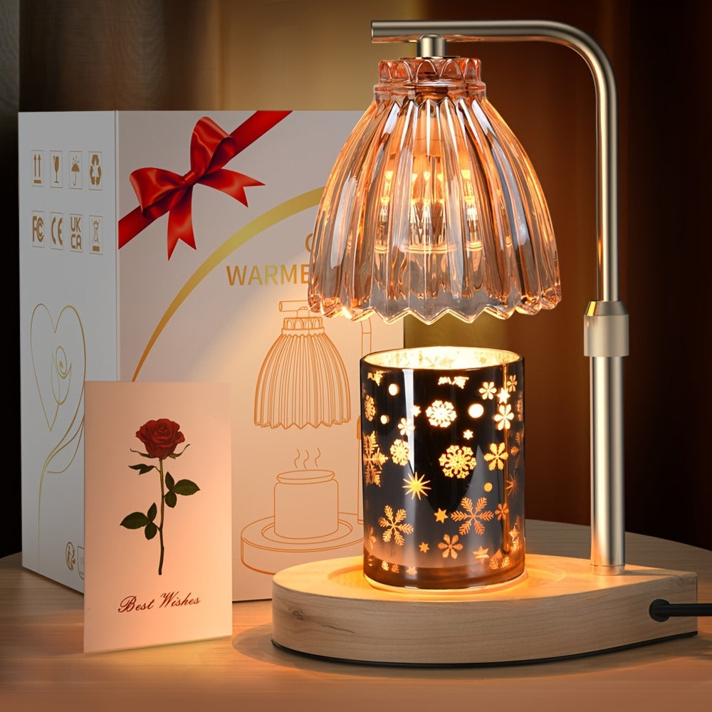Gold Candle Warmer Lamp with Ribbed Glass Shade, Adjustable Height, Four Brightness Levels and 2/4/8-Hour Timer
