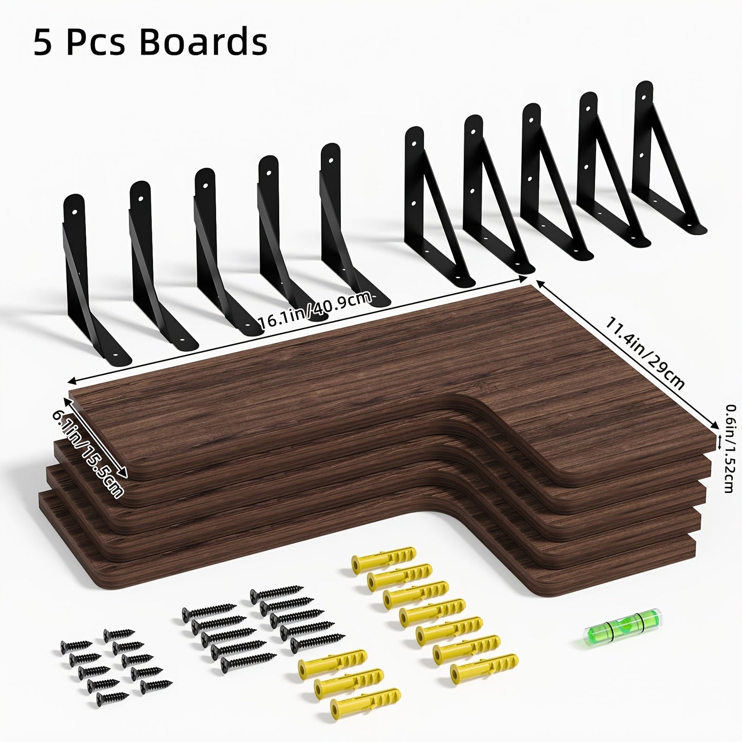 Corner Wall Shelf Set with L-Shaped Boards, Metal Brackets, Five- or Six-Piece Options and Seven Finishes