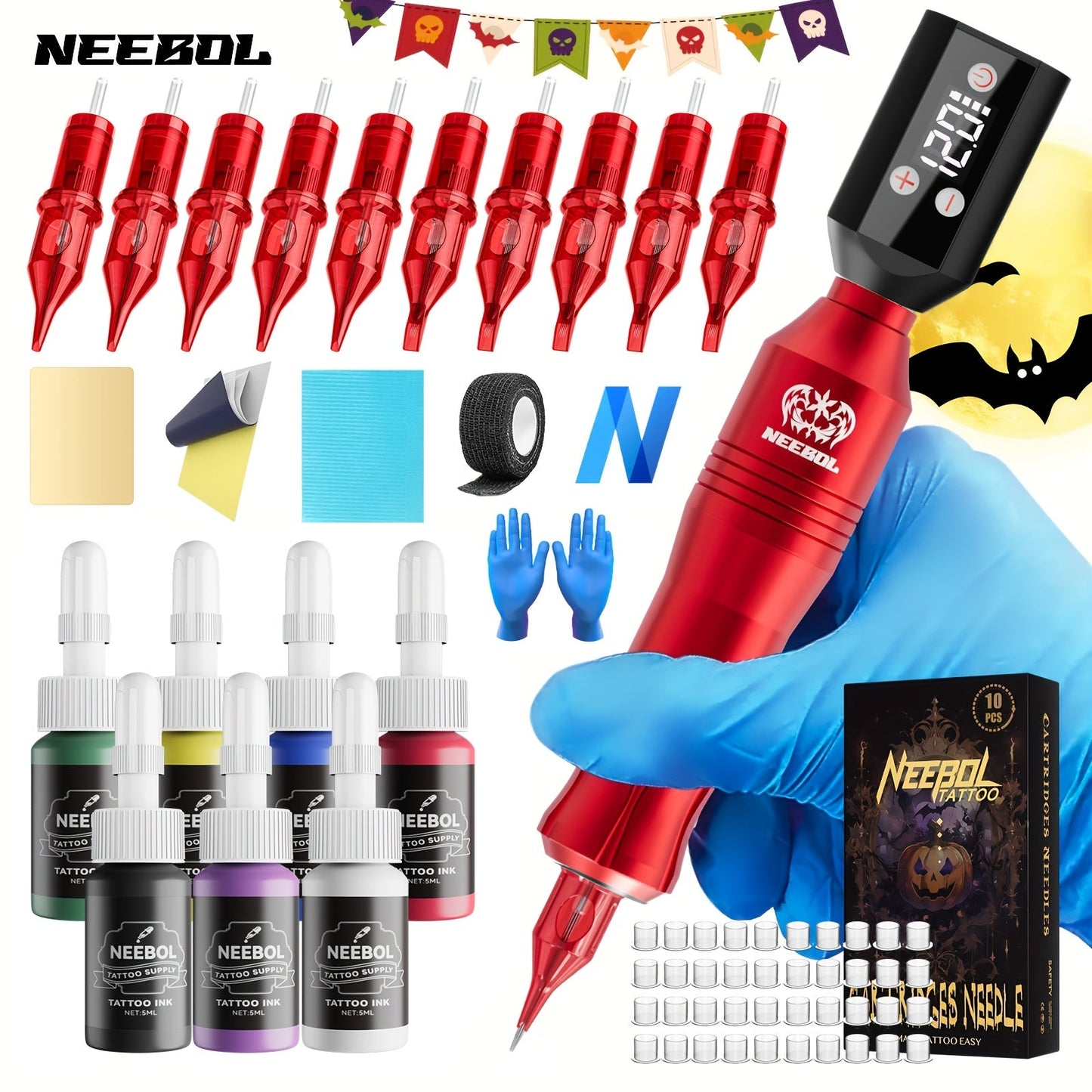 Tattoo Machine Kit Neebol L01 Pro Wireless Rotary Pen with LCD Display and Black or Red Complete Kit Options