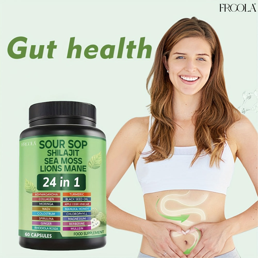 24-in-1 Daily Wellness Capsules with Soursop, Shilajit, Sea Moss & Lion's Mane, 2238mg Immune & Liver Health Formula for Men & Women