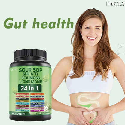 24-in-1 Daily Wellness Capsules with Soursop, Shilajit, Sea Moss & Lion's Mane, 2238mg Immune & Liver Health Formula for Men & Women