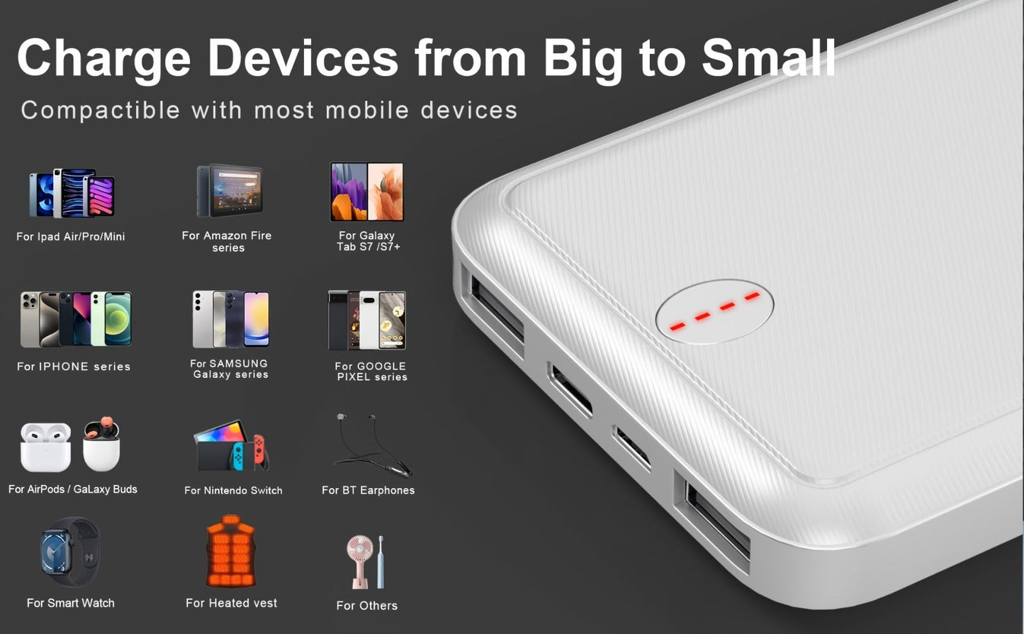 10000mAh Slim Power Bank with 5V/2A Marking, Dual USB-A Outputs and Black or White Color Options