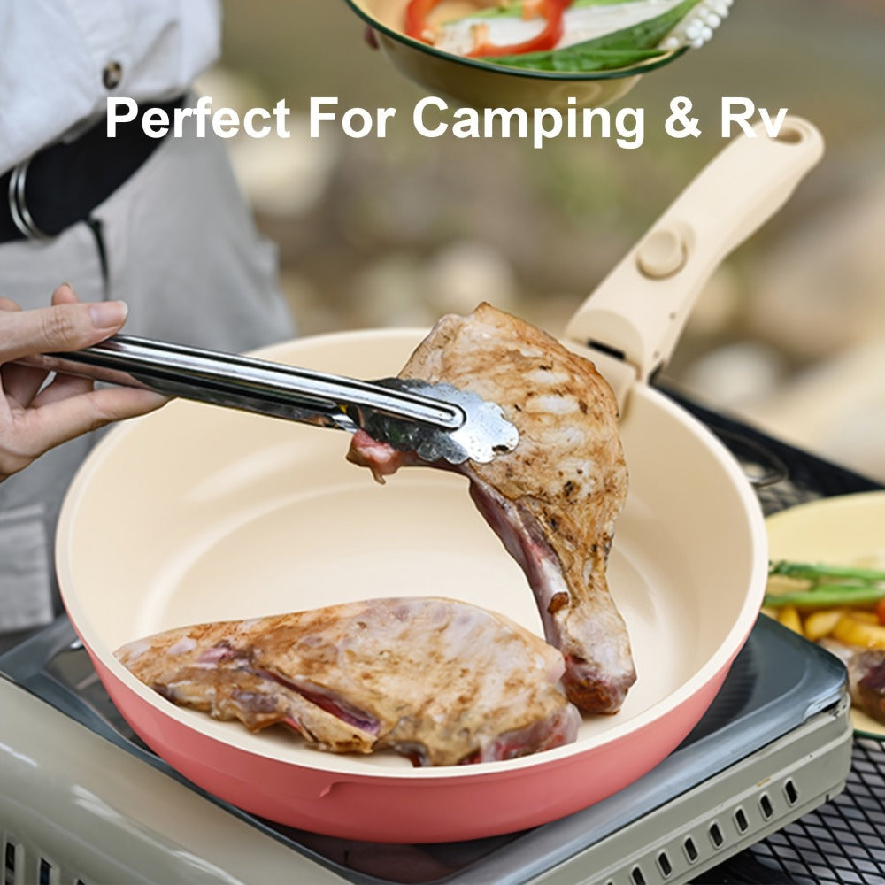 Cookware Set IKTU 5-Piece Detachable-Handle Aluminum Pots and Pans in White, Pink, Beige or Coral Pink