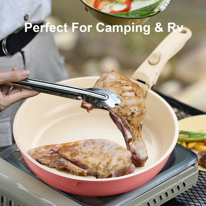 Cookware Set IKTU 5-Piece Detachable-Handle Aluminum Pots and Pans in White, Pink, Beige or Coral Pink