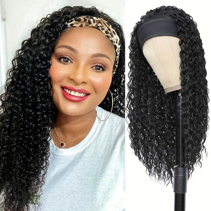 Headband Wig Curly Wavy for Women Black Synthetic Glueless No Lace – Elastic Cap Heat Resistant Beginner Friendly for Daily Wear Party