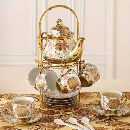 Floral Ceramic Tea Set 20 Pcs – European Porcelain Tea Cups & Saucers with Metal Holder & 15 Oz Teapot – Luxury Arabic Coffee Cup Set