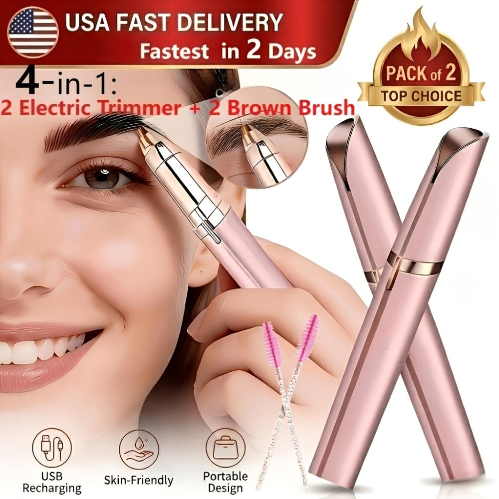 Electric Eyebrow Trimmer for Women 2 Pack, USB Rechargeable Painless Precision Eyebrow Razor Pen, Portable Hair Remover for Face Lip Leg