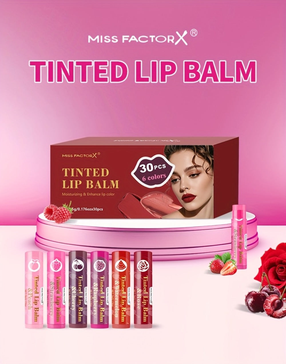 MISS FACTOR 30-Piece Tinted Lip Balm Set with Capped Tubes Organized into Six Color Groups