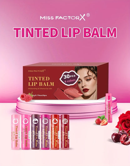 MISS FACTOR 30-Piece Tinted Lip Balm Set with Capped Tubes Organized into Six Color Groups