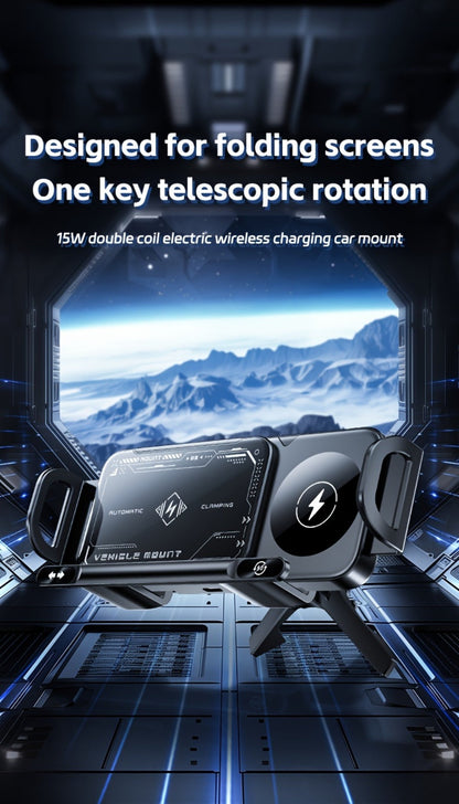 Dual-Coil Wireless Charging Car Mount with 15W Label, Fold-Screen Support and Three Configurations