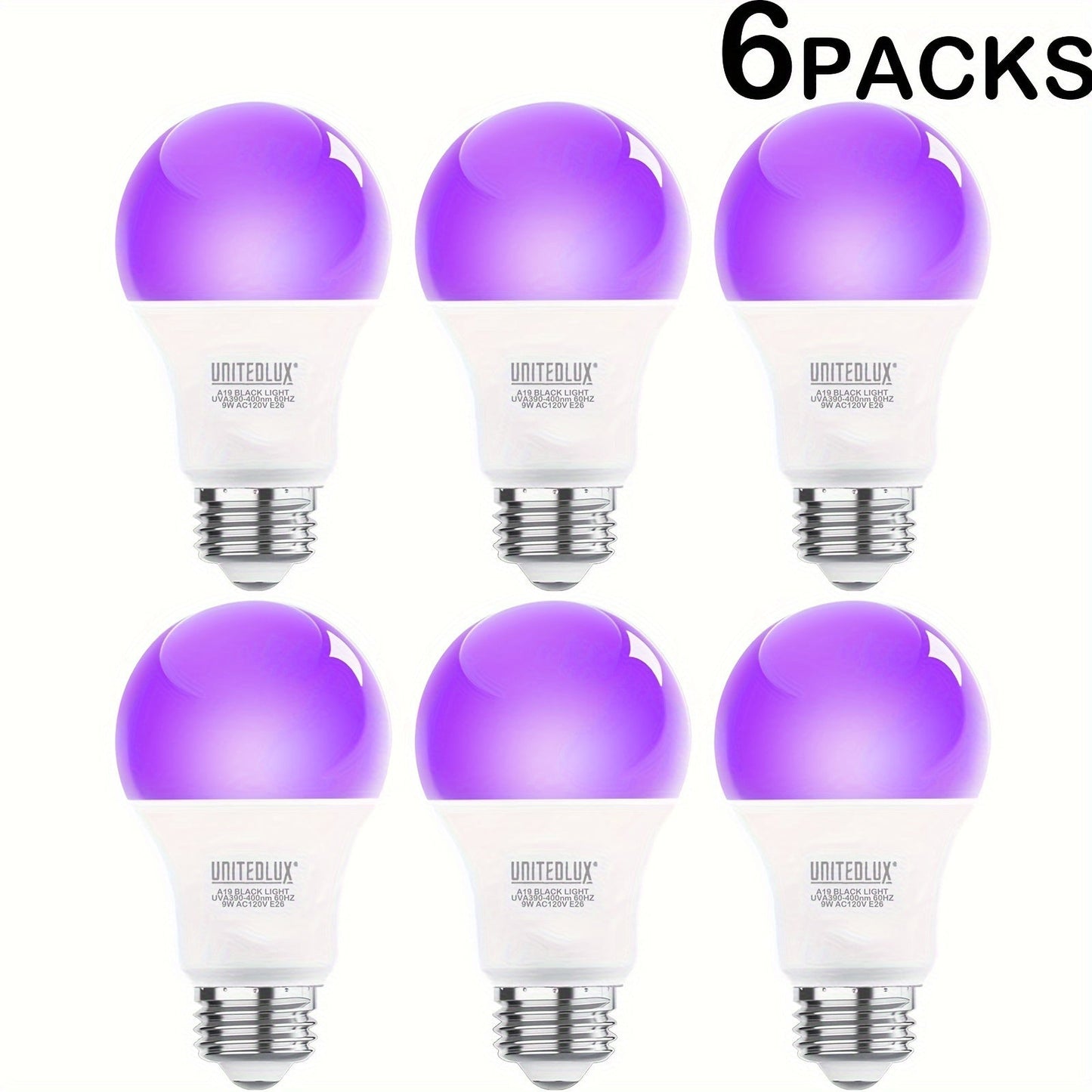 Black Light Bulbs 6 Pack A19 E26 LED UV Bulbs 9W 60W Equivalent 390-400nm UVA Glow in the Dark for Home, Desk and Accent Lighting
