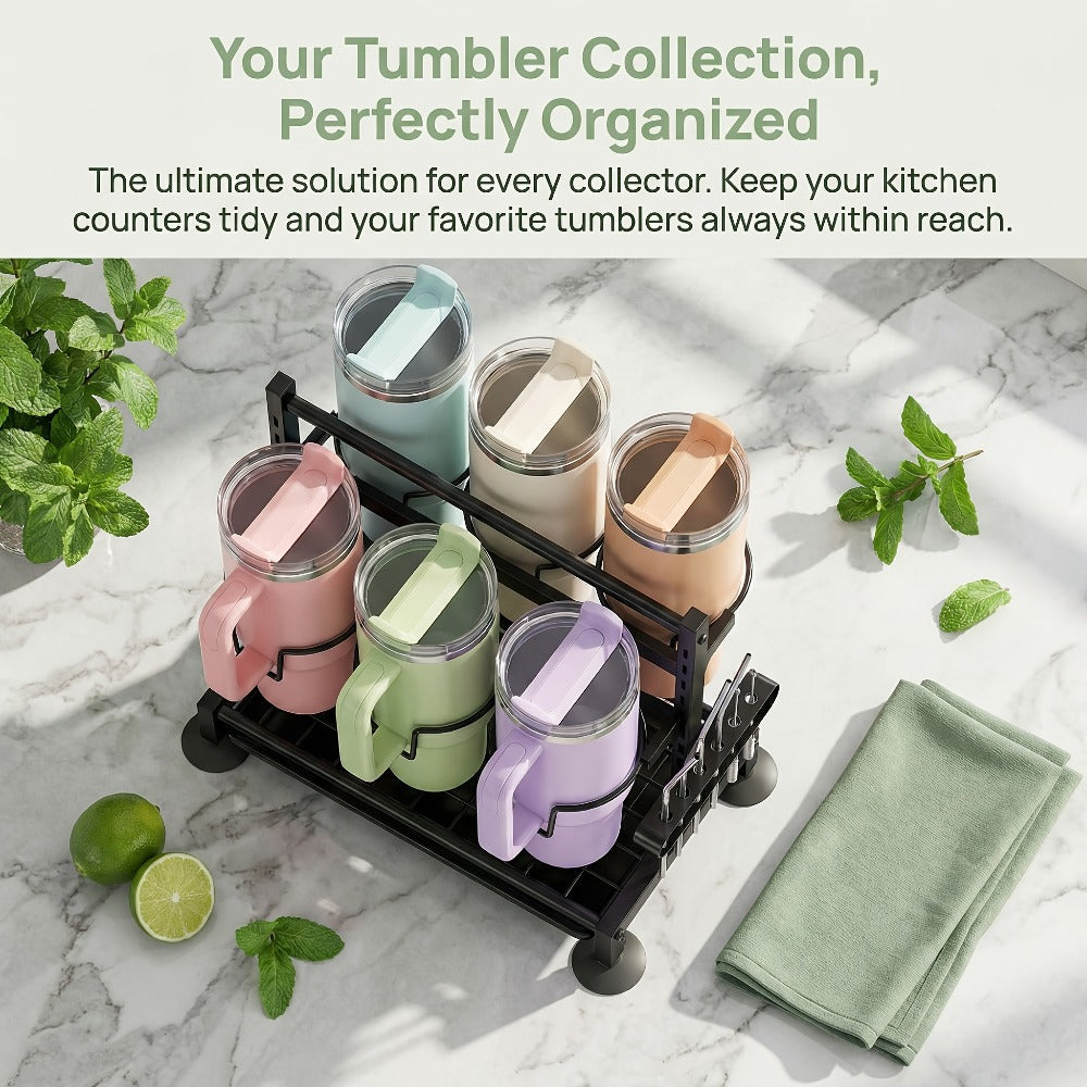 Cup Holder Rack 6-Grid Cast Iron Water Bottle Organizer for Kitchen Cabinet | Adjustable Height Drinkware Storage Rack Holds 40oz Cups Mugs