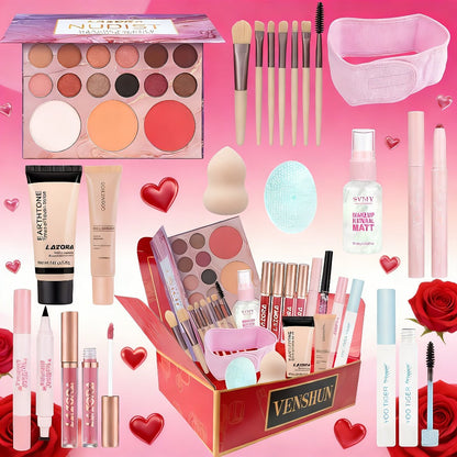 Full Face Makeup Gift Set for Women, Foundation, 18-Color Eyeshadow Palette, Coral Lipstick & Eyebrow Pencil