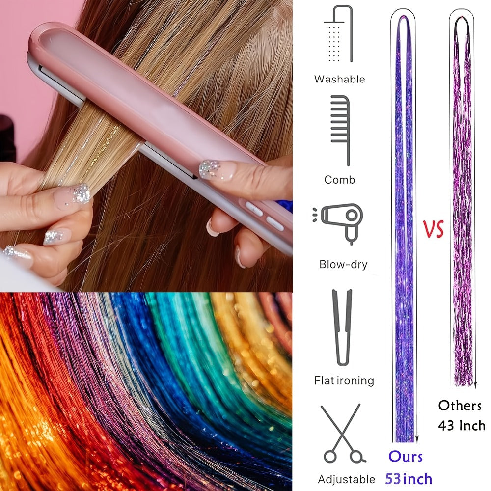Hair Tinsel Extensions Kit 7700 Strands 18 Glitter Colors 48 Inch – Fairy Hair Tinsel with Micro Beads & Loop Tool for Women Girls Party