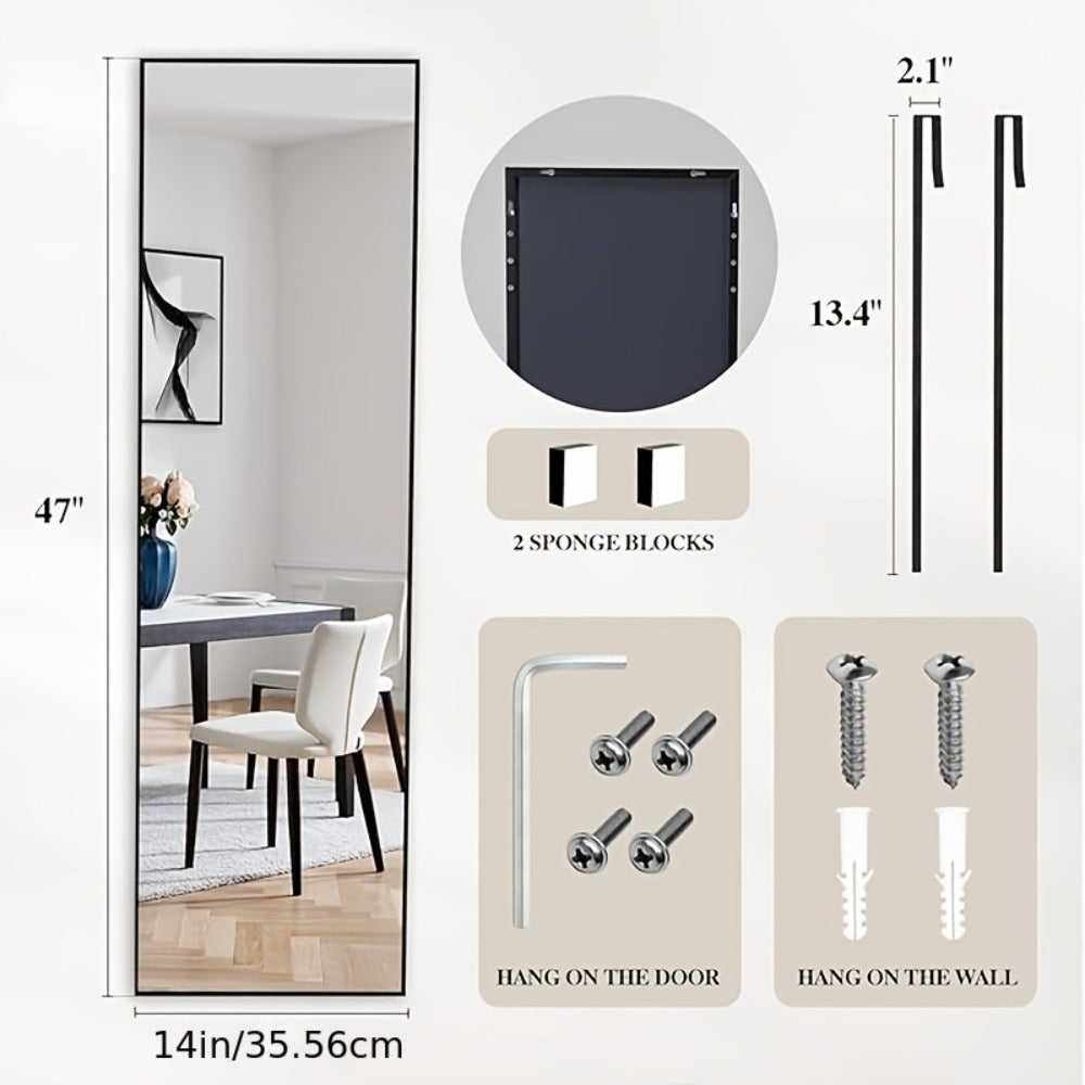 Full Length Mirror 47x14, Over the Door or Wall Mounted Hanging Mirror, Aluminum Alloy Frame, Full Body Dressing Mirror for Bedroom