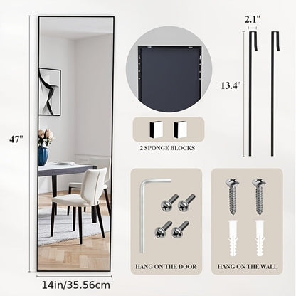 Full Length Mirror 47x14, Over the Door or Wall Mounted Hanging Mirror, Aluminum Alloy Frame, Full Body Dressing Mirror for Bedroom