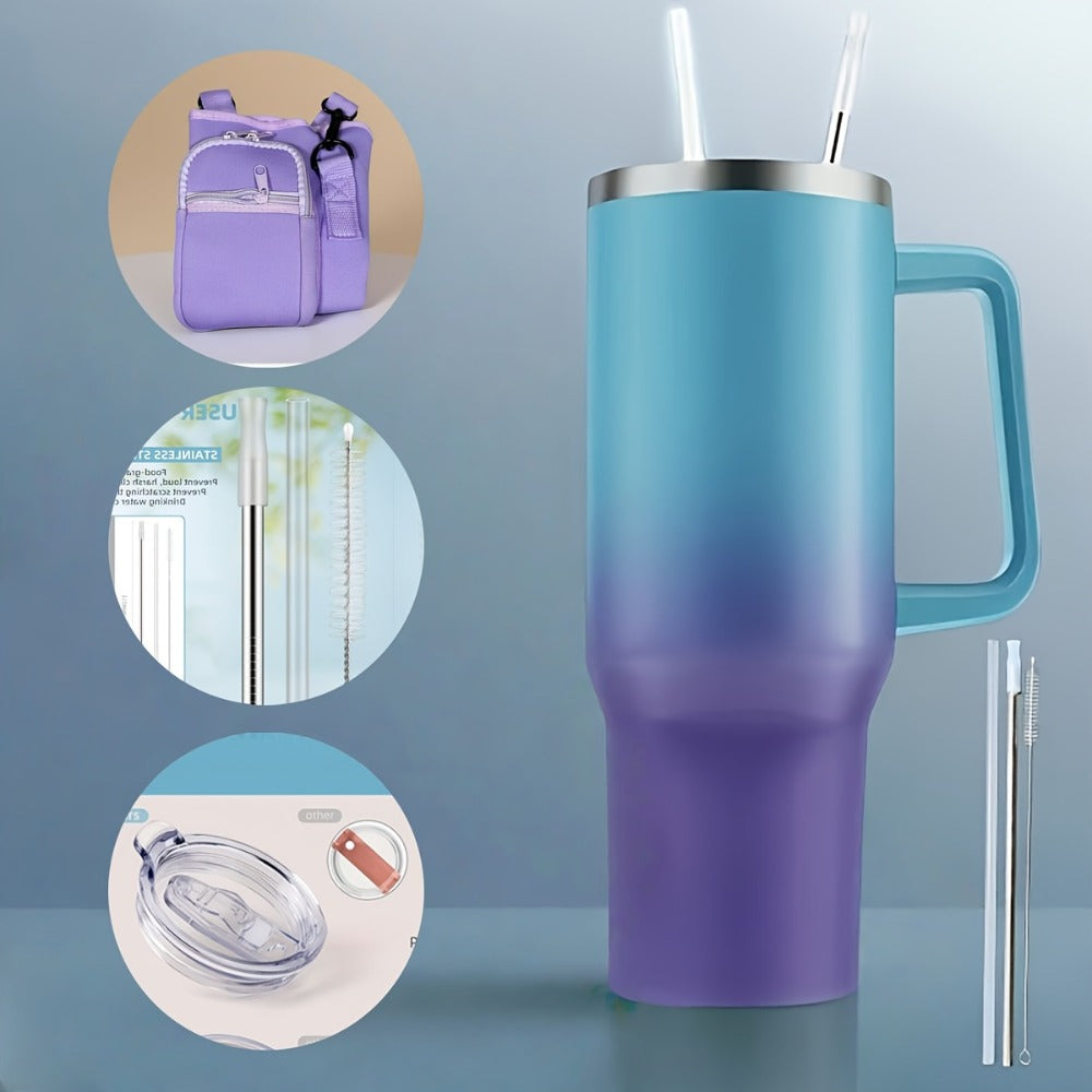 Insulated Tumbler 40 Oz with Carry Bag & Handle – Stainless Steel Thermos with Straw & Spout Lid – Ice Compatible Gym Water Bottle & Travel