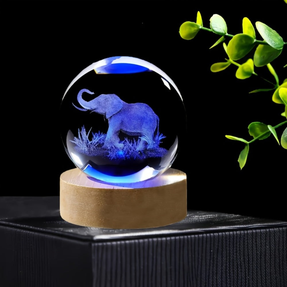 3D Elephant Crystal Ball LED Lamp USB Powered Colorful Night Light Wooden Base Elephant for Entryways, Bedrooms and Living Spaces