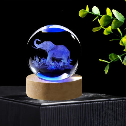 3D Elephant Crystal Ball LED Lamp USB Powered Colorful Night Light Wooden Base Elephant for Entryways, Bedrooms and Living Spaces