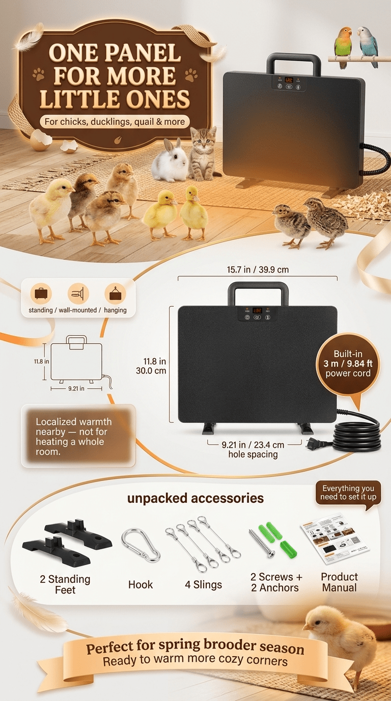 Brooder Heater 250W Heating Panel for Chicks, Ducklings & Quail, 3 Heat Levels, 4-Timer Settings
