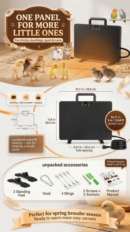 Brooder Heater 250W Heating Panel for Chicks, Ducklings & Quail, 3 Heat Levels, 4-Timer Settings