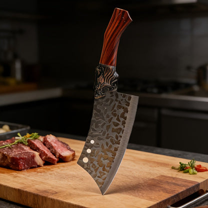 Seven-Piece Kitchen Knife Set with Six Hammered Silver Blades, Scissors and Wood-Look Handles