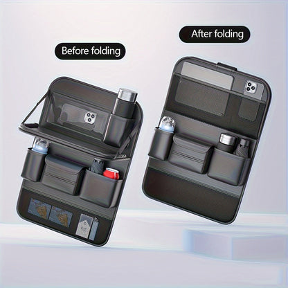 Seatback Car Organizer with Fold-Down Tray, Cup Recesses, Tissue Opening and One- or Two-Piece Packs
