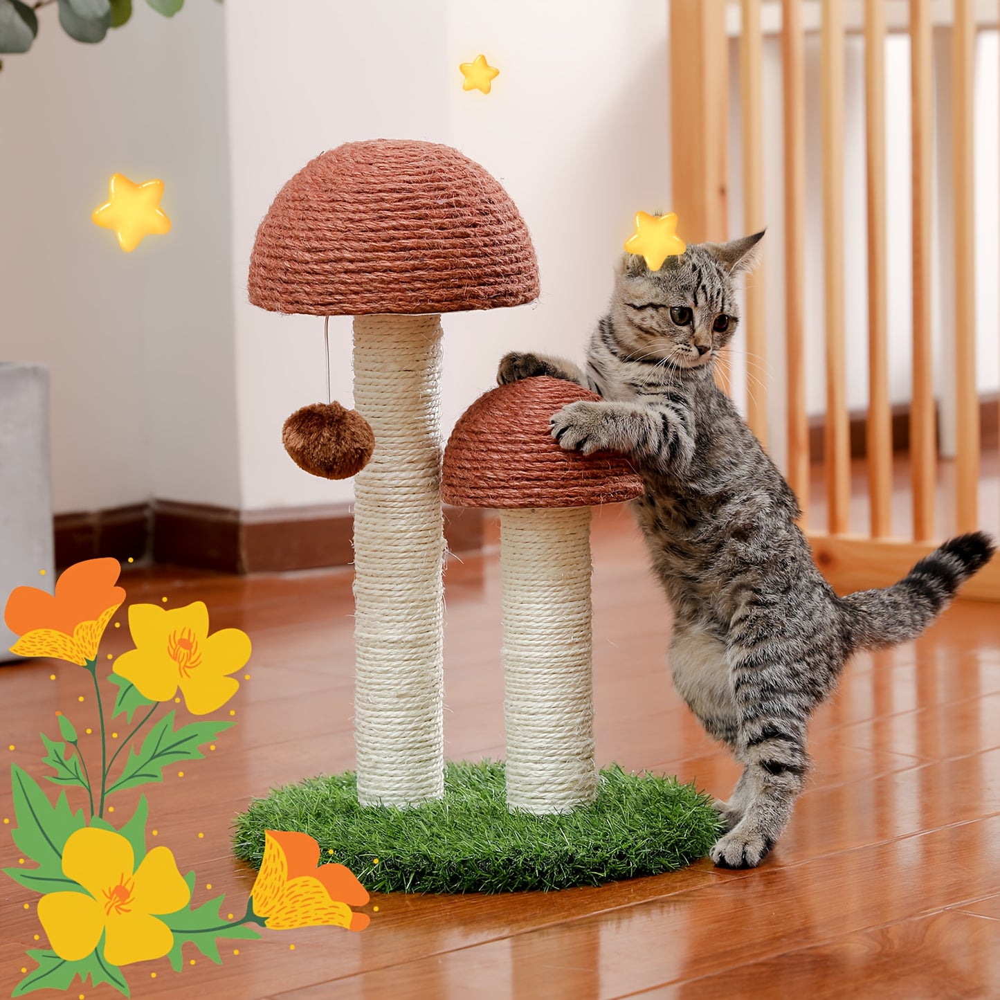 Cat Scratching Post Multi-Tier Sisal Tower for Indoor Cats – 18.9" & 32" Cat Tree with Hanging Ball Toy, Natural Sisal Rope, Sturdy Base