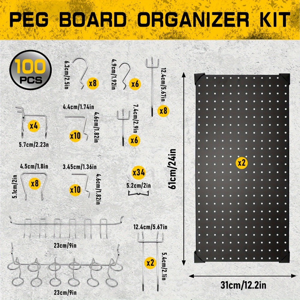 Black Metal Pegboard Wall Organizer Set with Hooks 66/100pcs, 12x24 Inch Wall Mounted Pegboard Kit for Garage Workshop Tool Storage