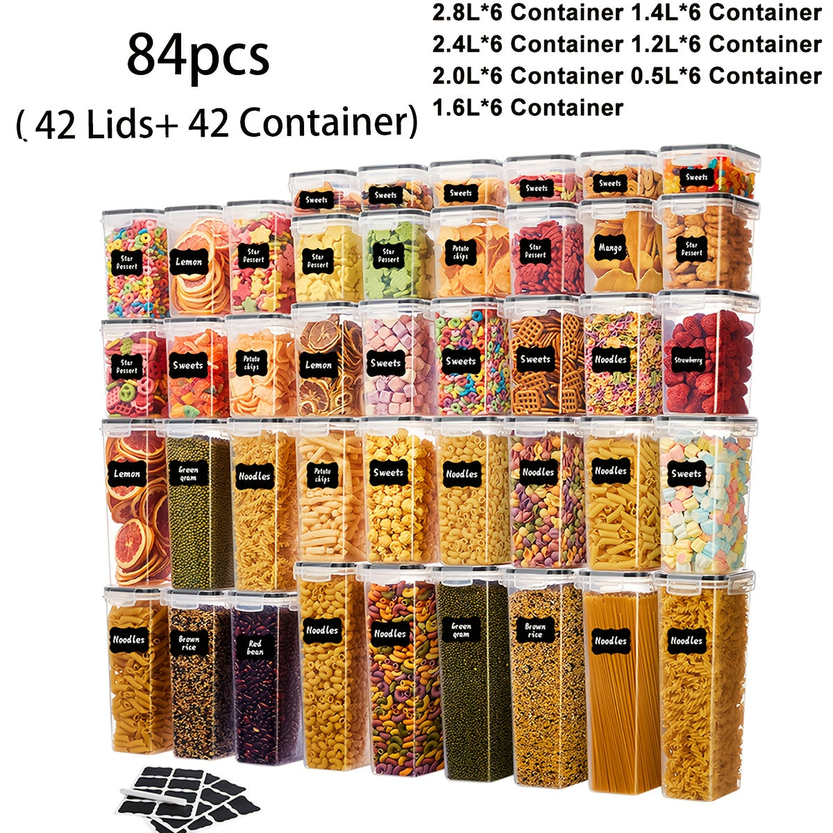 Pantry Jar Food Storage Organizer with Black Flip-Top Lids, Labels and Six Available Set Sizes