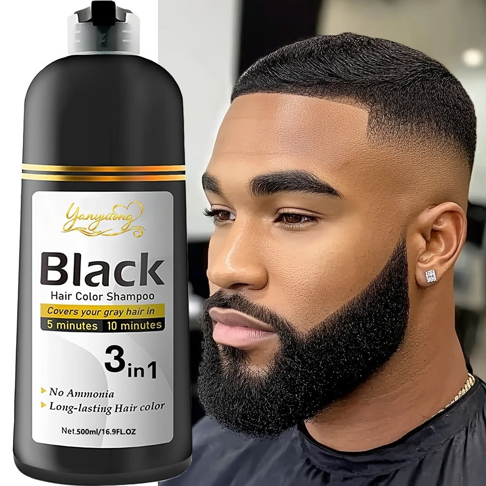 Hair Dye Shampoo, YANYUTONG 500ml Black 3-in-1 Pump Bottle for Hair and Beard Color Application