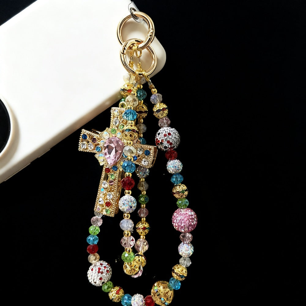 Crystal Cross Phone Chain Keychain Luxury Rhinestone Bling Bag Charm Pendant – Shining Mini Bag Chain Fashion Accessory for Women Colorful