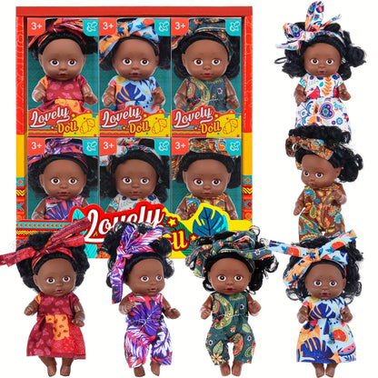 Mini Baby Doll Six-Piece Set with Dark Skin Tones, 4.53-Inch Dolls, Curly Hair and Patterned Outfits