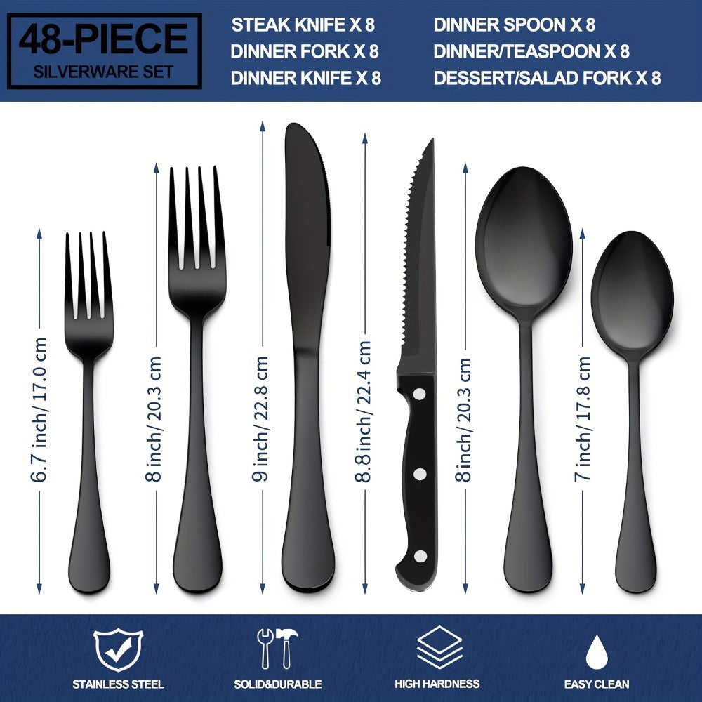 Serrated Steak Knife Dining Set with Six-Piece Place Settings, 24 or 48 Utensils in Silver or Black
