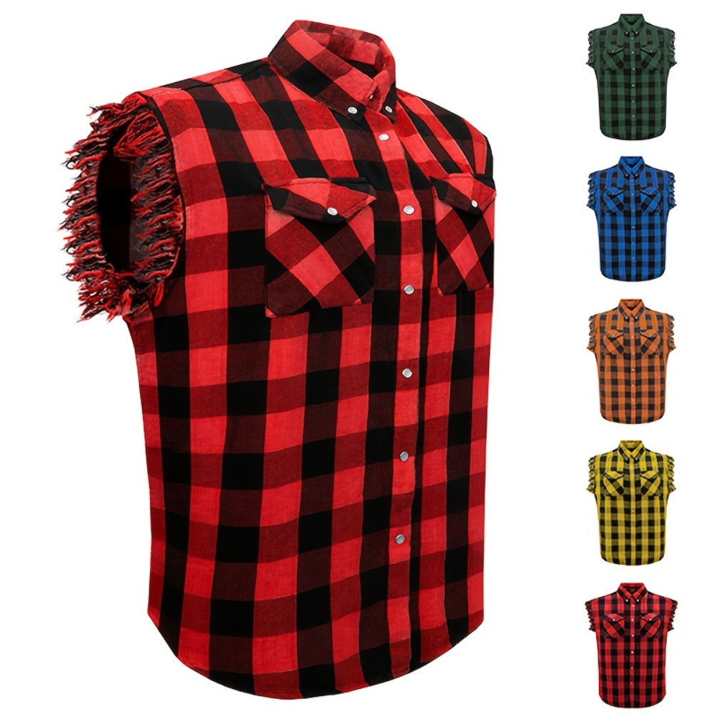 Men's Plaid Sleeveless Shirt with Fringe Hem, Checkered Cotton Button-Up Vest Top, Crew Neck Regular Fit for Streetwear Beach Vacation